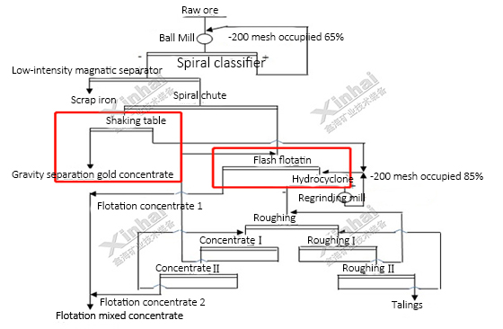 Gold oxidation mixed raw ore gravity separation + flash flotation process